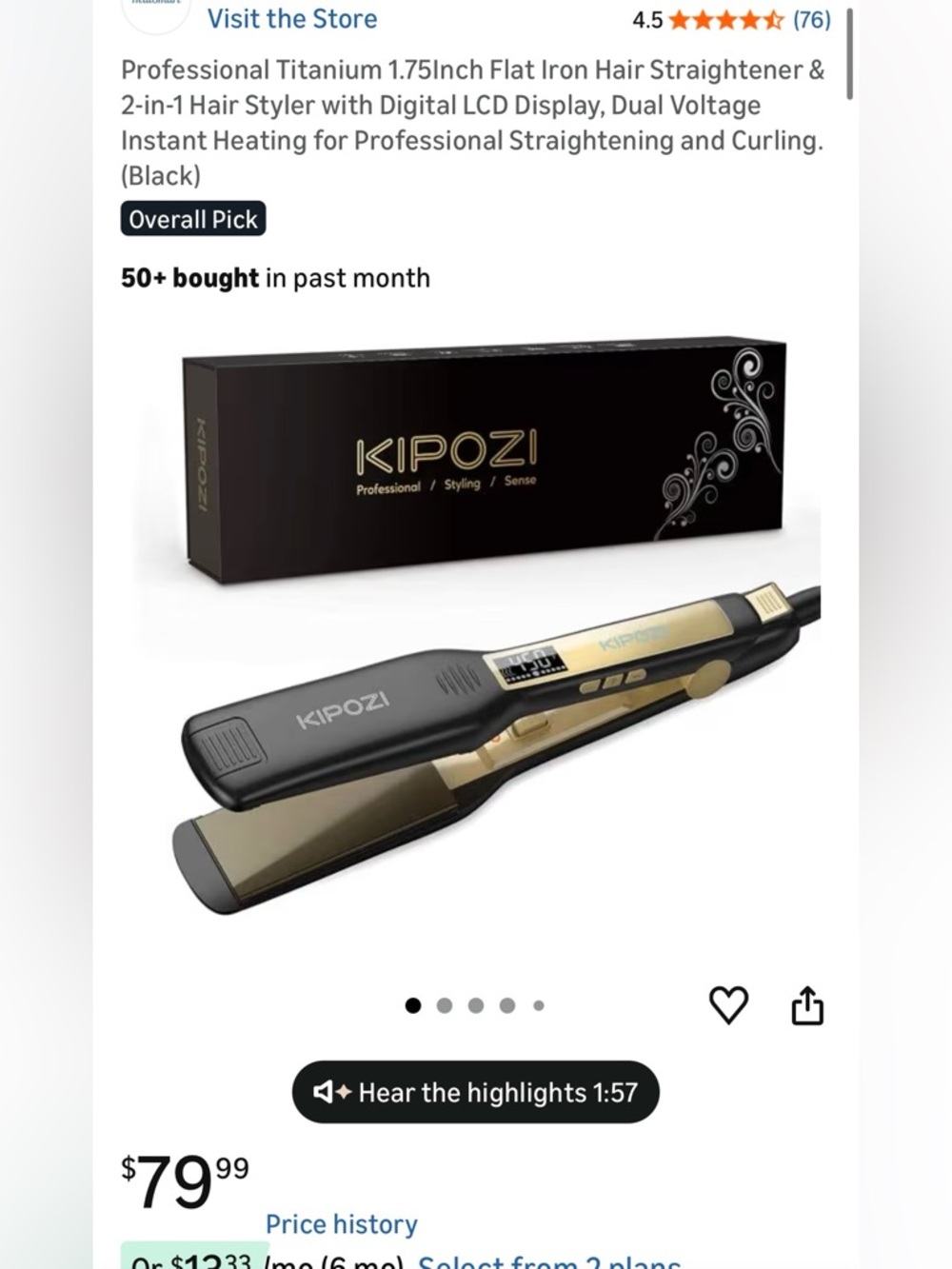 Kipozi Titanium Flat Iron Hair Straightener - Black & Gold